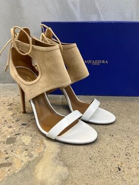 Aquazzura Beige Suede and White Leather Lace-Up High Heels